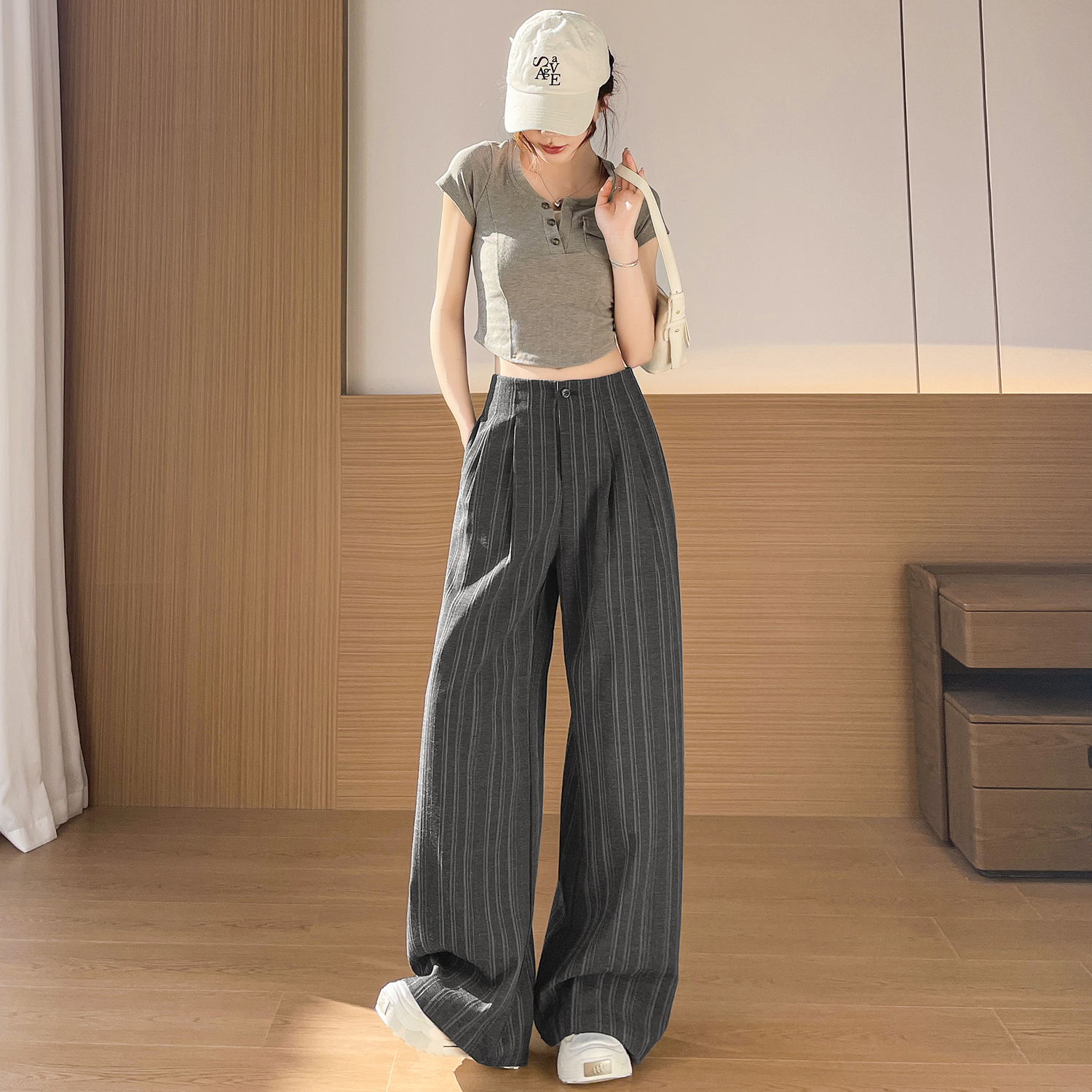 實拍條紋西裝褲女2026春季新款垂感高級感小個子顯瘦高腰休閑褲