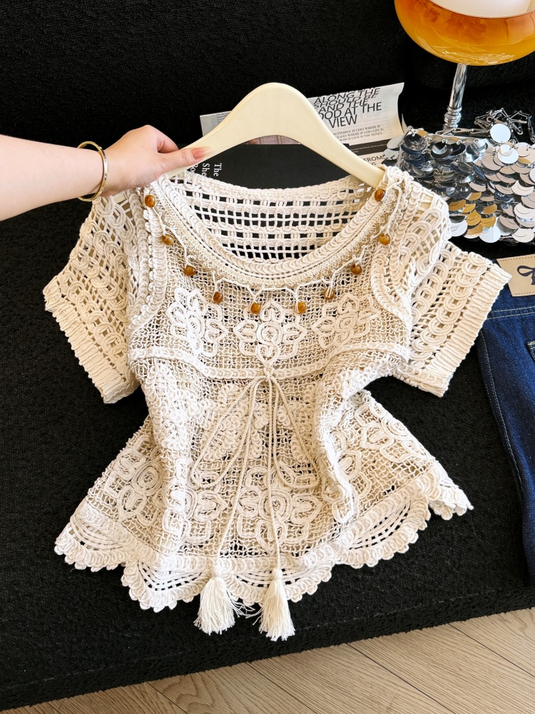 2026夏季新款鉤花鏤空重工珠片刺繡蕾絲百搭短袖上衣女