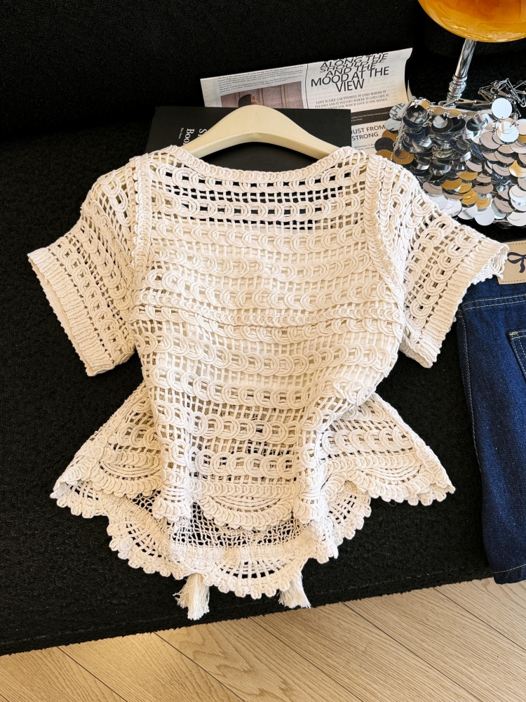 2026夏季新款鉤花鏤空重工珠片刺繡蕾絲百搭短袖上衣女