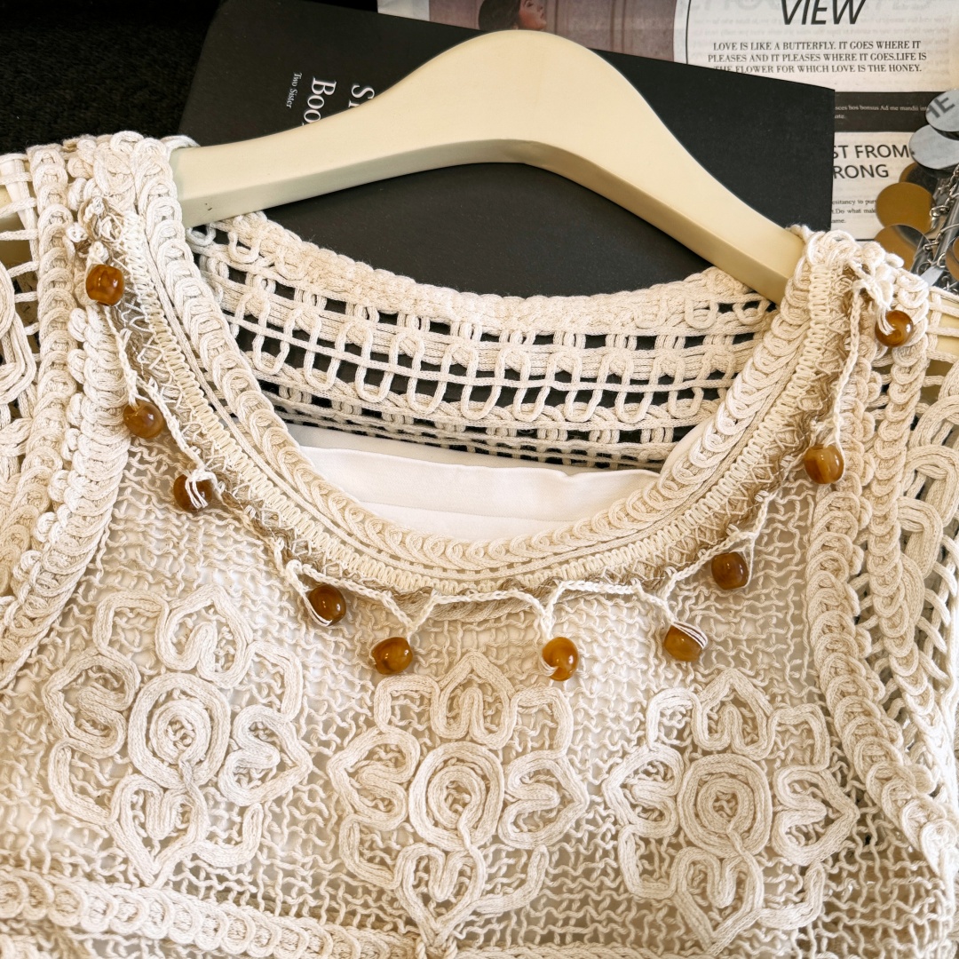2026夏季新款鉤花鏤空重工珠片刺繡蕾絲百搭短袖上衣女