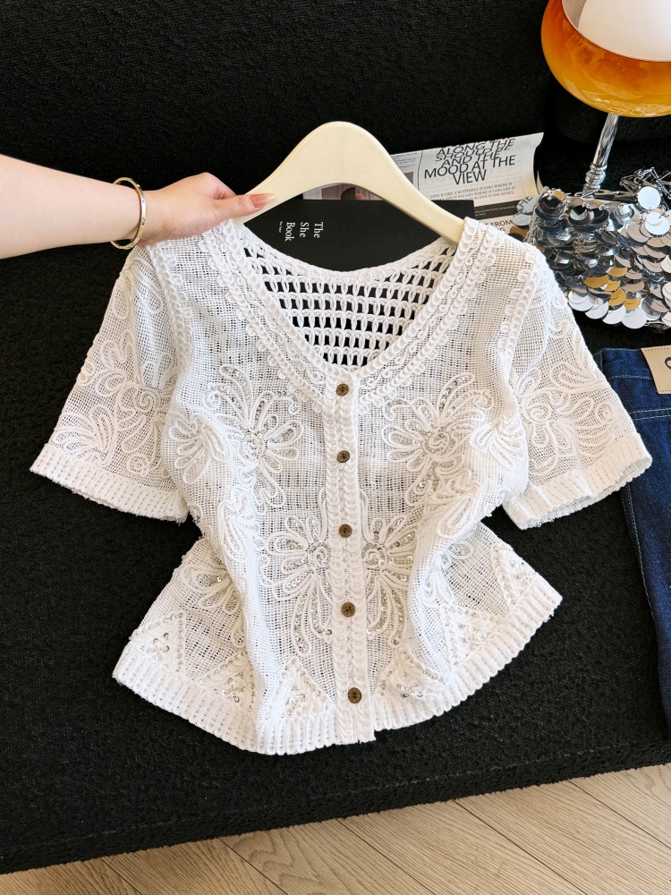 2026新款重工刺繡短袖女夏季透氣棉麻森系溫柔風針織蕾絲薄款開衫