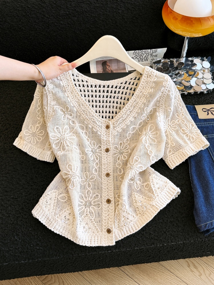 2026新款重工刺繡短袖女夏季透氣棉麻森系溫柔風針織蕾絲薄款開衫