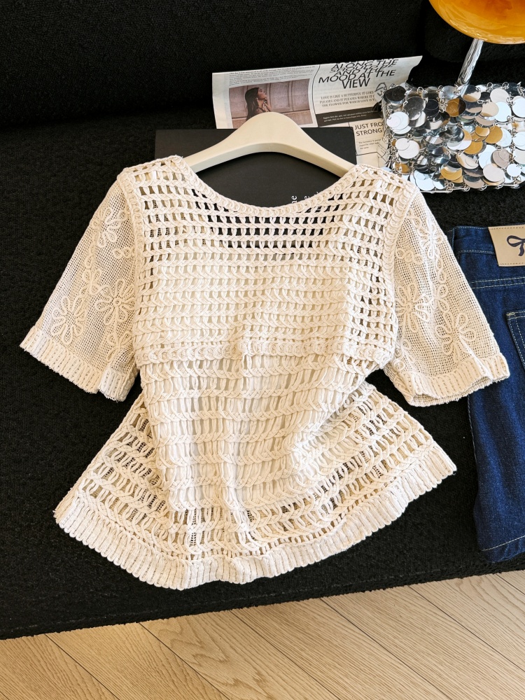 2026新款重工刺繡短袖女夏季透氣棉麻森系溫柔風針織蕾絲薄款開衫