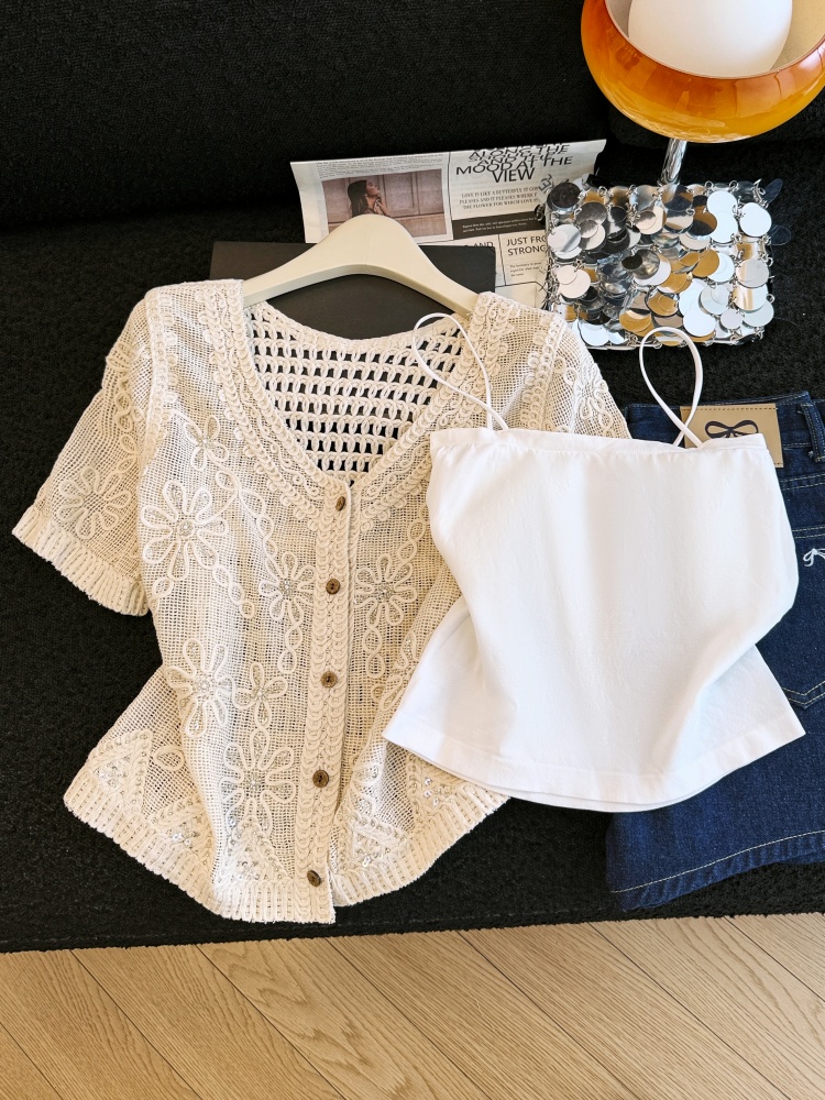 2026新款重工刺繡短袖女夏季透氣棉麻森系溫柔風針織蕾絲薄款開衫