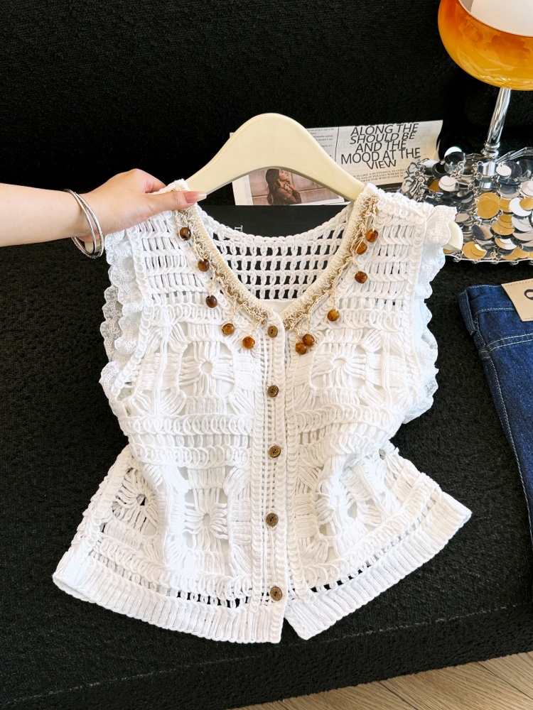 實拍2026年夏季V領蕾絲刺繡馬甲女疊穿鏤空流蘇無袖背心上衣