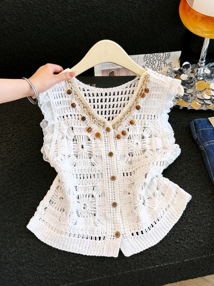 實拍2026年夏季V領蕾絲刺繡馬甲女疊穿鏤空流蘇無袖背心上衣
