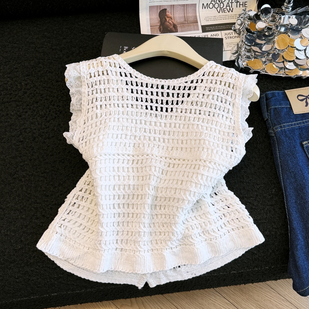 實拍2026年夏季V領蕾絲刺繡馬甲女疊穿鏤空流蘇無袖背心上衣
