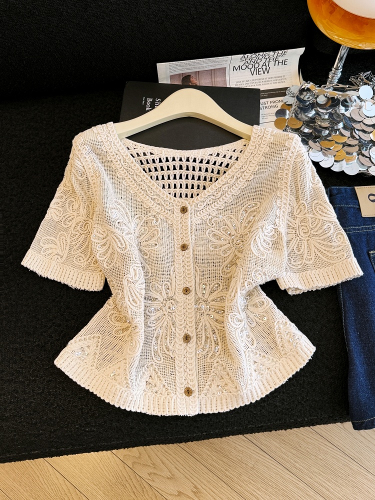2026新款重工刺繡短袖女夏季透氣棉麻森系溫柔風針織蕾絲薄款開衫