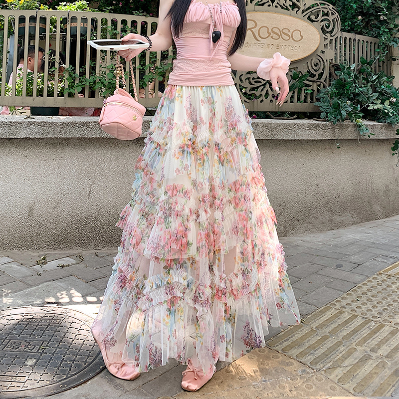 重工拼接印花網紗蛋糕裙半身裙女新款顯瘦裙子長裙半裙傘裙四季款