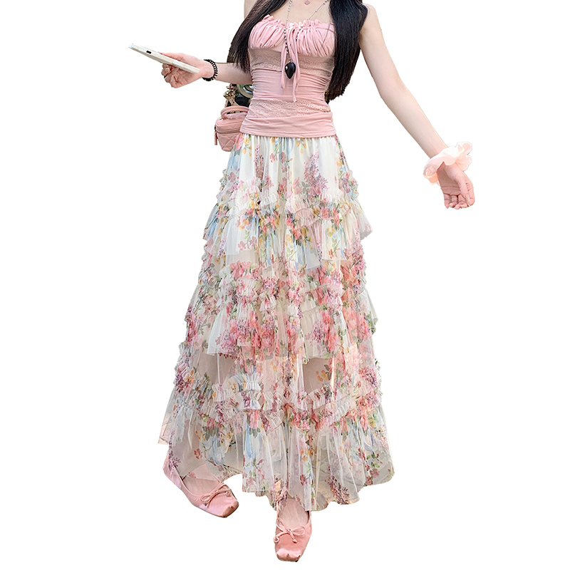 重工拼接印花網紗蛋糕裙半身裙女新款顯瘦裙子長裙半裙傘裙四季款