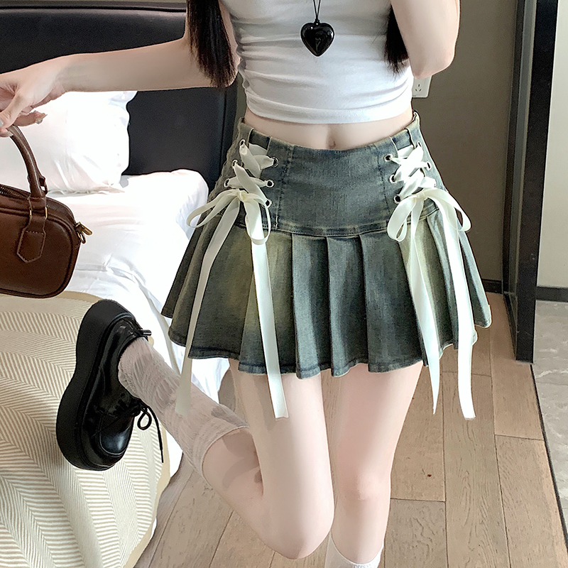 RY19# 美式纯欲风辣妹设计感弹力牛仔百褶半身裙 裤裙