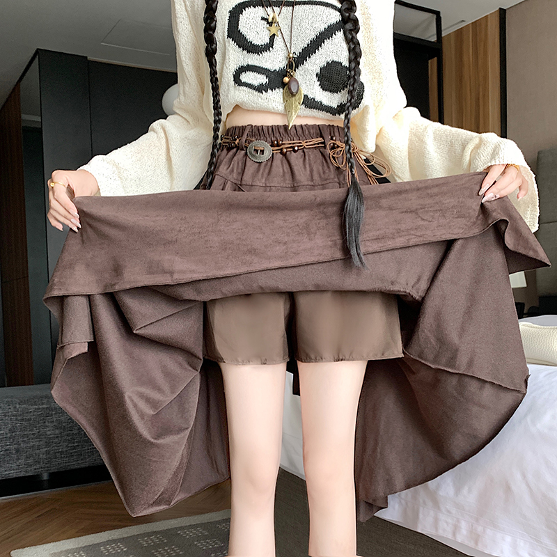 2025秋冬新款麂皮絨半身裙女不規則裙擺 中長款半裙 前后兩穿