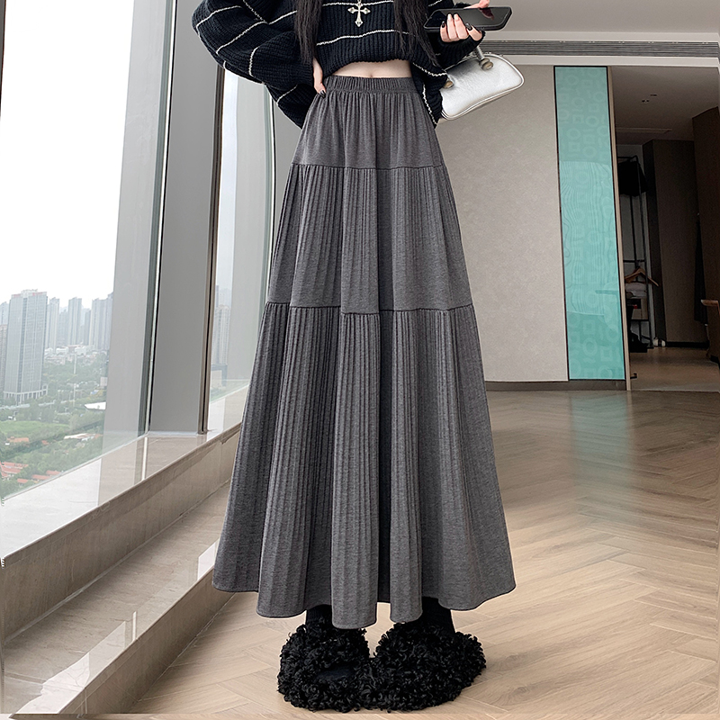 實拍2025氣質 毛呢拼接壓褶半身裙女秋冬新款垂感寬松大擺a裙