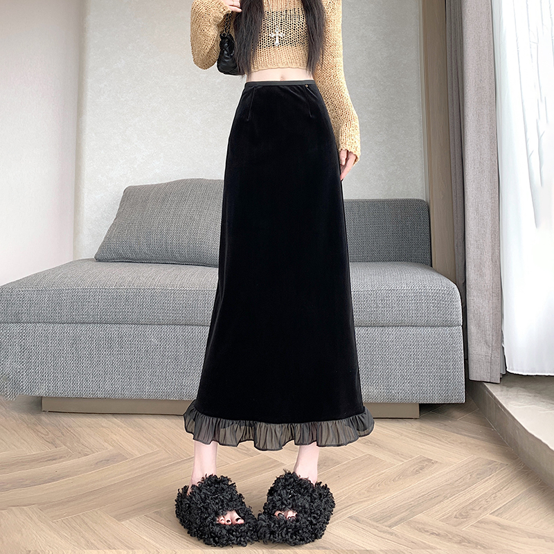 高級絲絨軟底親膚加加厚面料半身包臀一步裙松緊腰秋冬中長裙