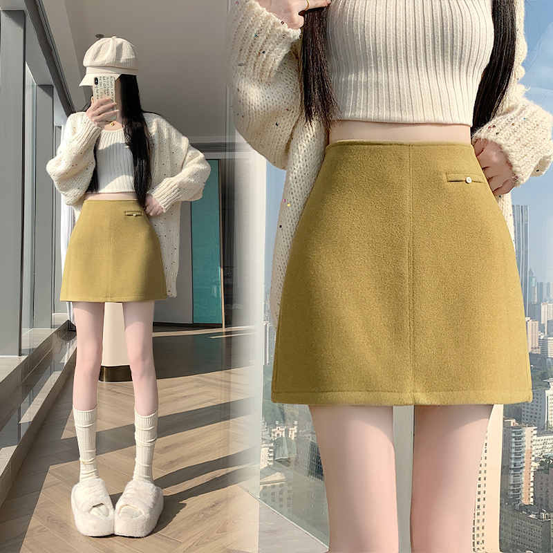 實拍2025新版紅甜辣風百搭修身高腰羊絨毛呢A字裙 半身裙 女