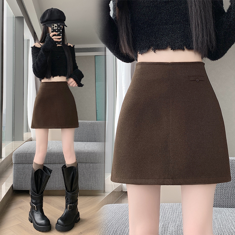 實拍2025新版紅甜辣風百搭修身高腰羊絨毛呢A字裙 半身裙 女
