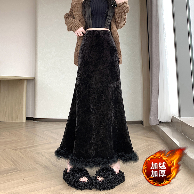 實拍2025網紅 高級絲絨親膚拼接真毛毛包臀魚尾長裙松緊腰中長裙