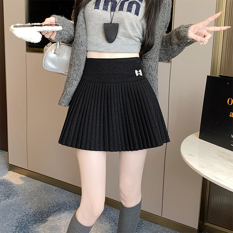 實拍2025新版紅甜辣風百搭修身高腰毛呢百褶裙半身裙 女