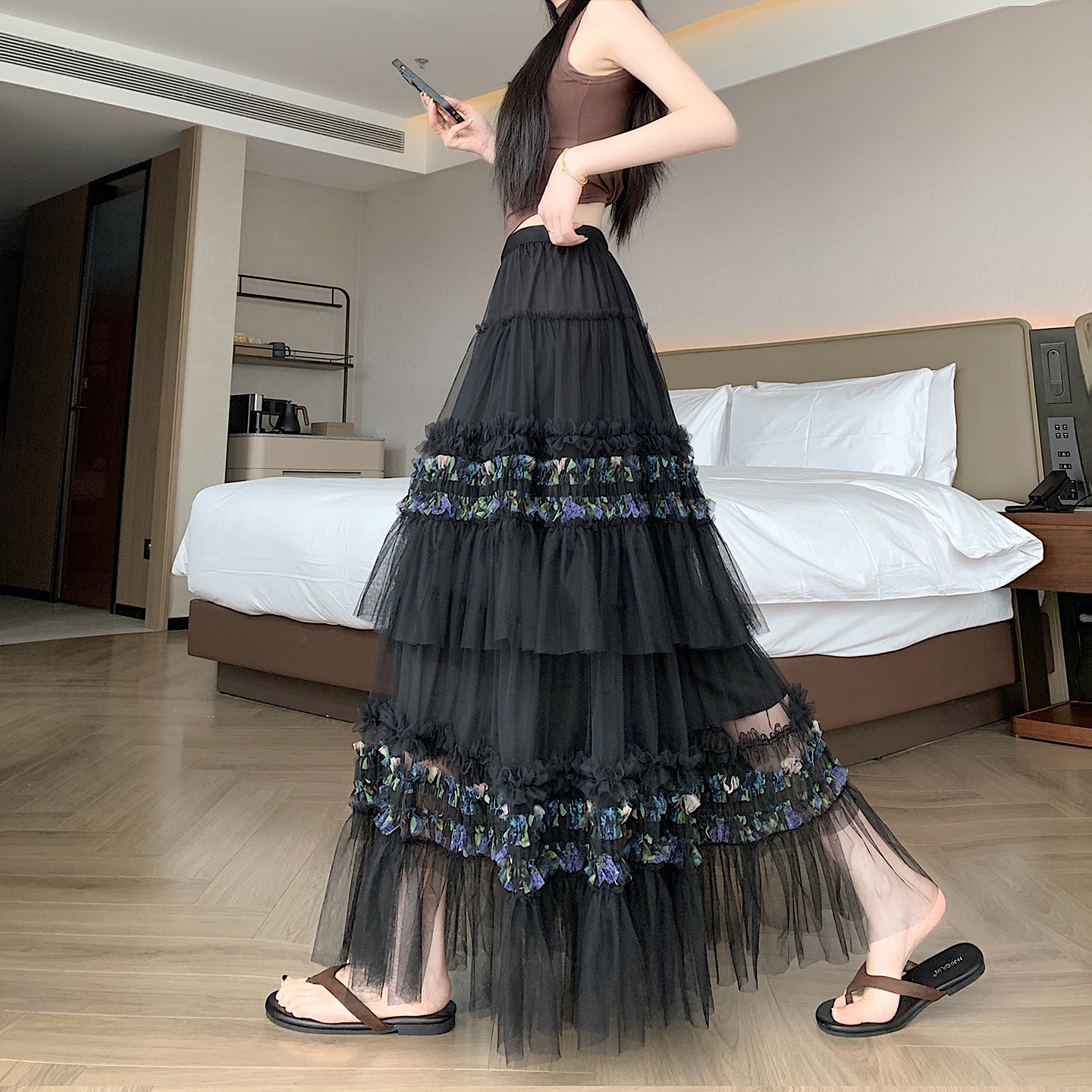 重工拼接印花網紗蛋糕裙半身裙女新款顯瘦裙子長裙半裙傘裙四季款
