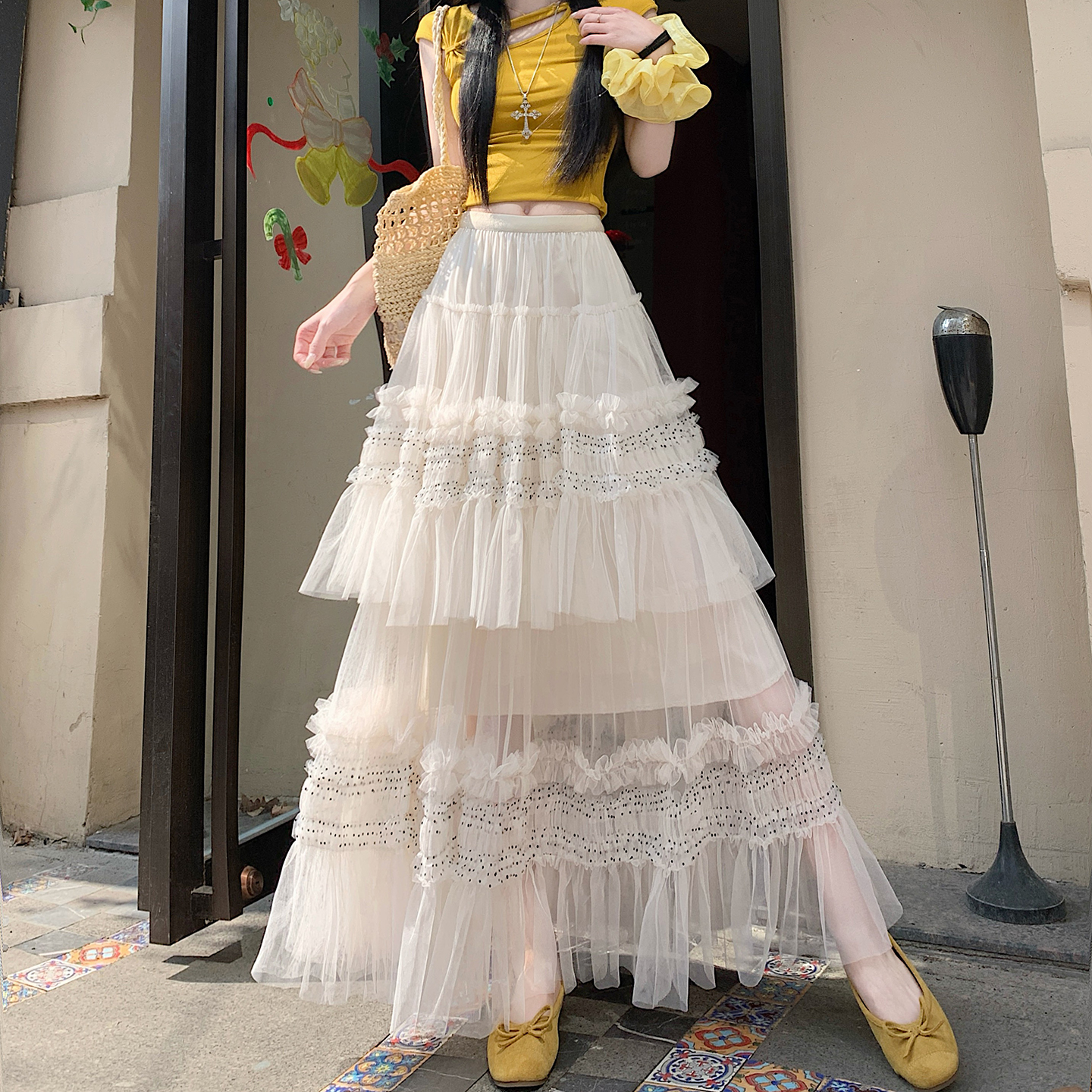 重工拼接印花網紗蛋糕裙半身裙女新款顯瘦裙子長裙半裙傘裙四季款