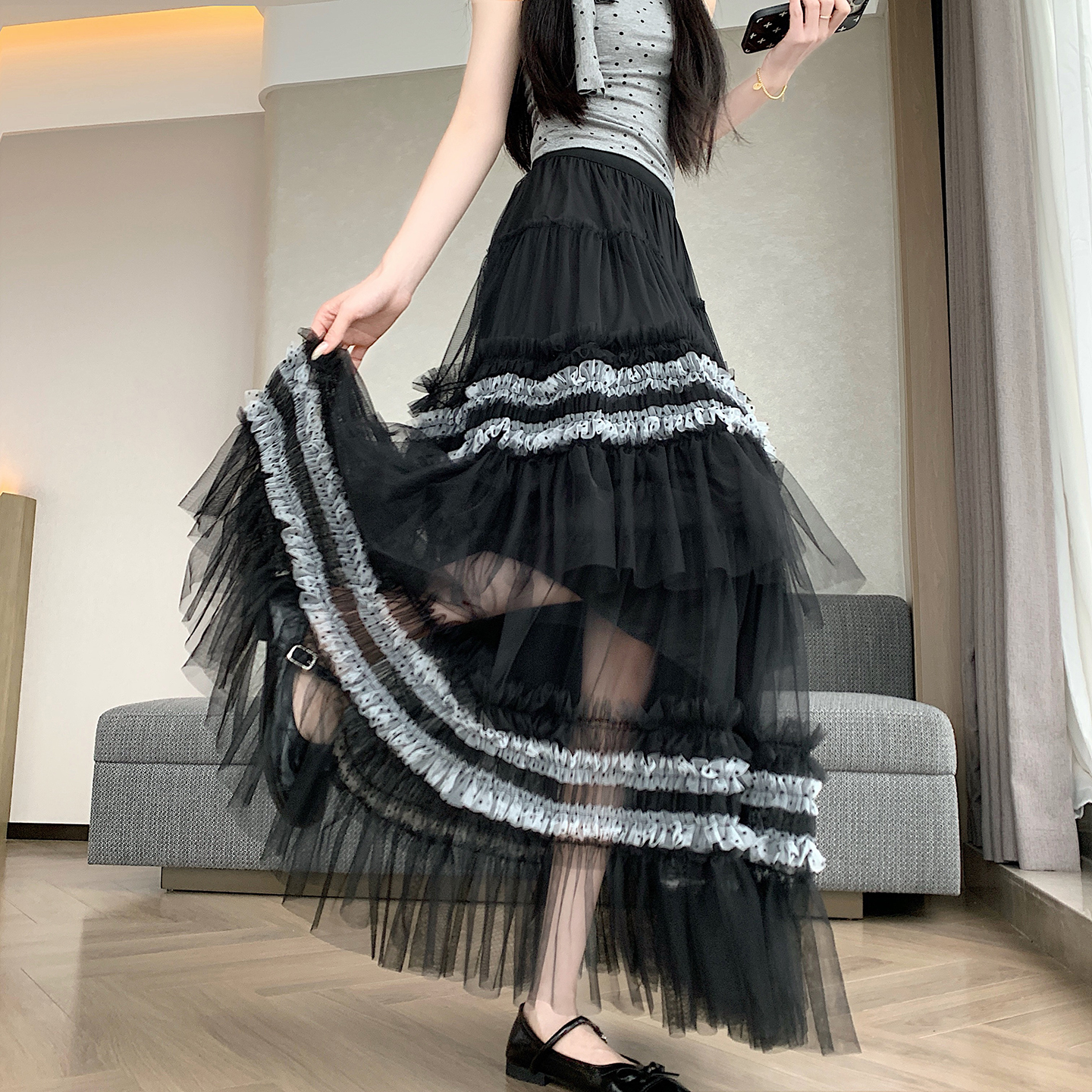 重工拼接印花網紗蛋糕裙半身裙女新款顯瘦裙子長裙半裙傘裙四季款