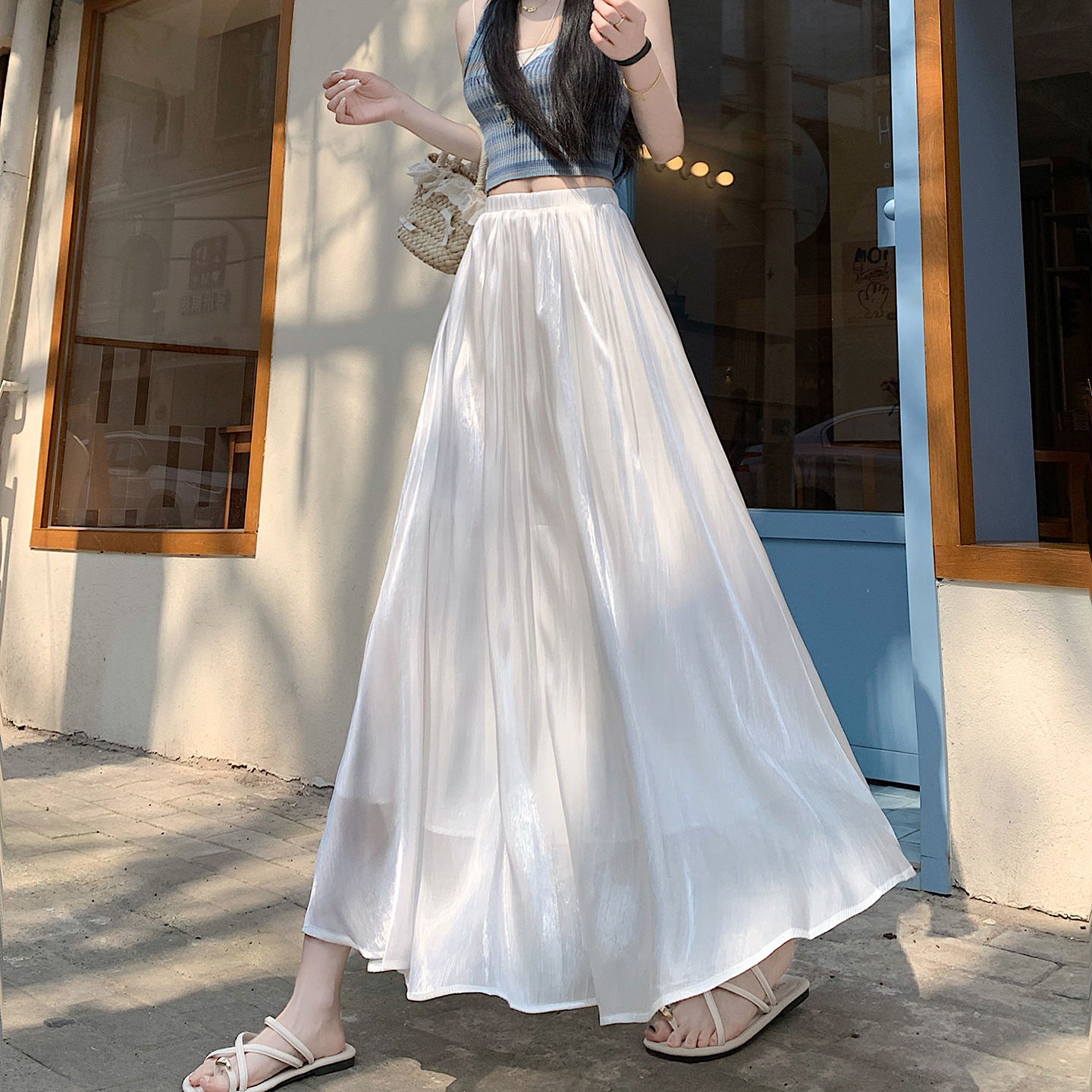 實拍流光紗高個半身裙女2026春夏高腰垂墜感a字大擺傘裙百褶長裙