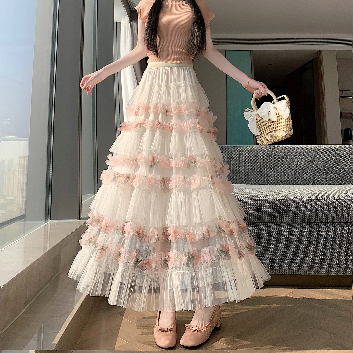 重工拼接印花網紗蛋糕裙半身裙女新款顯瘦裙子長裙半裙傘裙四季款