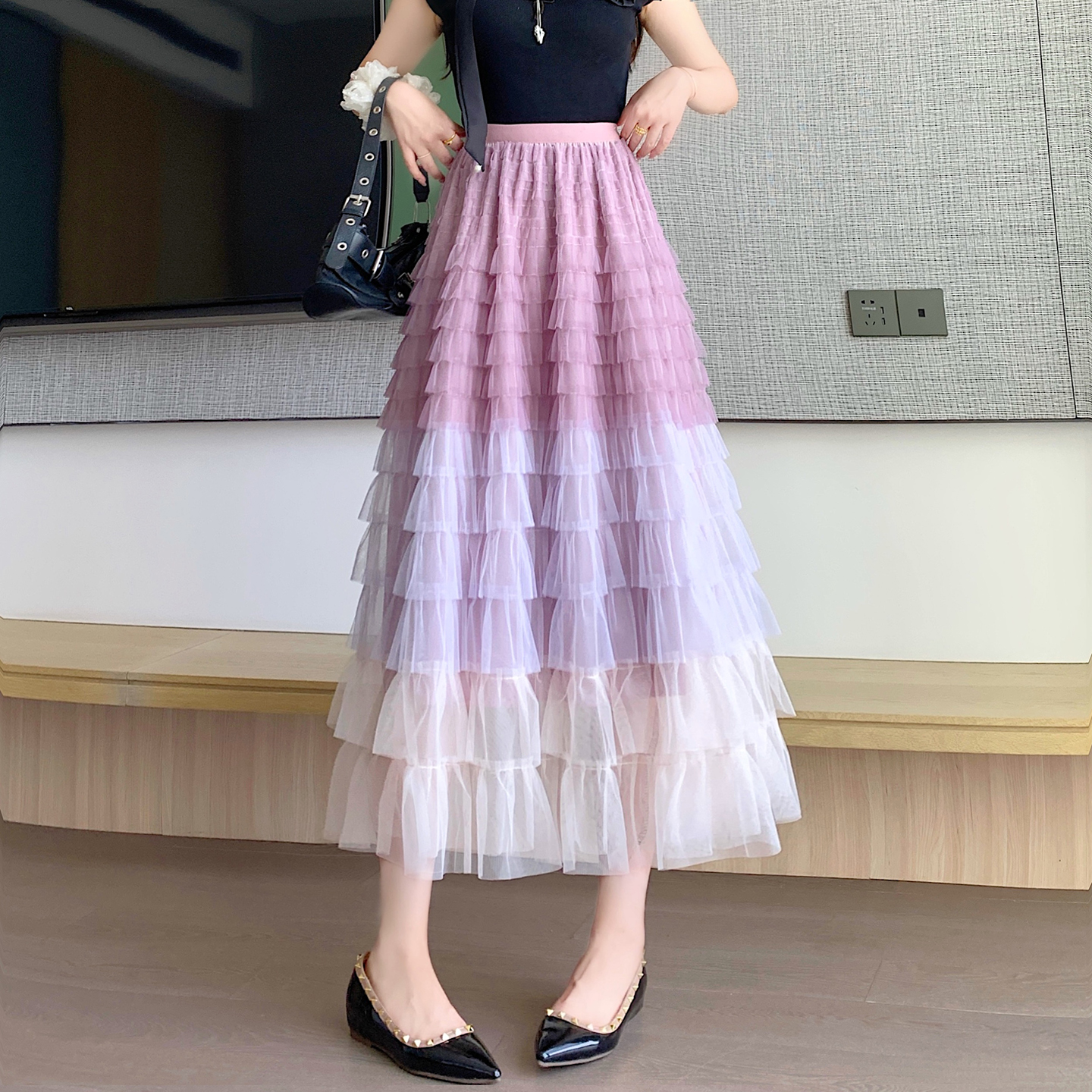 重工拼接印花網紗蛋糕裙半身裙女新款顯瘦裙子長裙半裙傘裙四季款