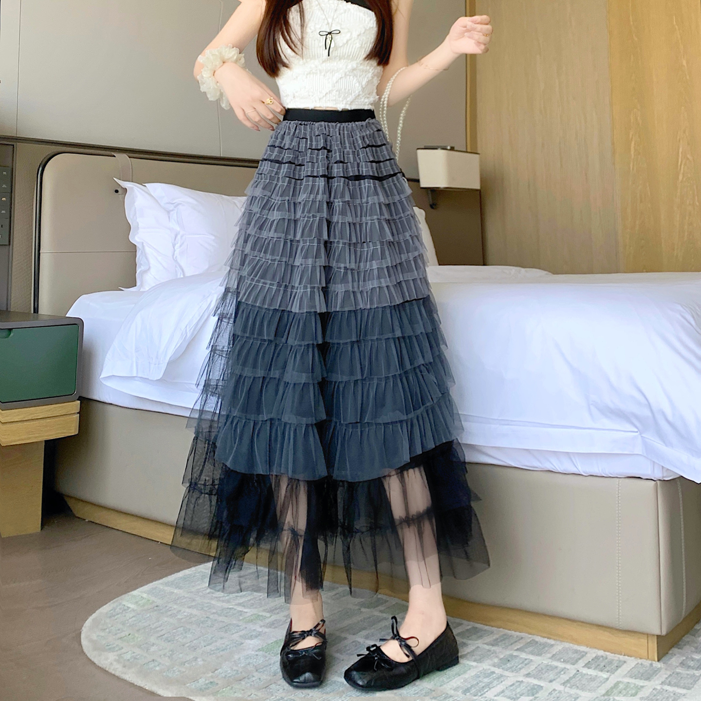 重工拼接印花網紗蛋糕裙半身裙女新款顯瘦裙子長裙半裙傘裙四季款
