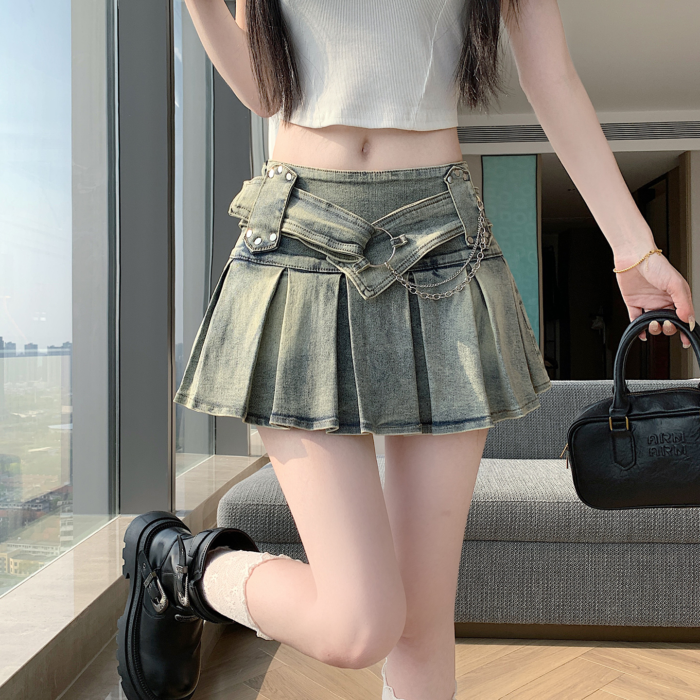 RY4275# 实拍2026美式纯欲风辣妹重工设计感弹力牛仔百褶半身裙 裤...