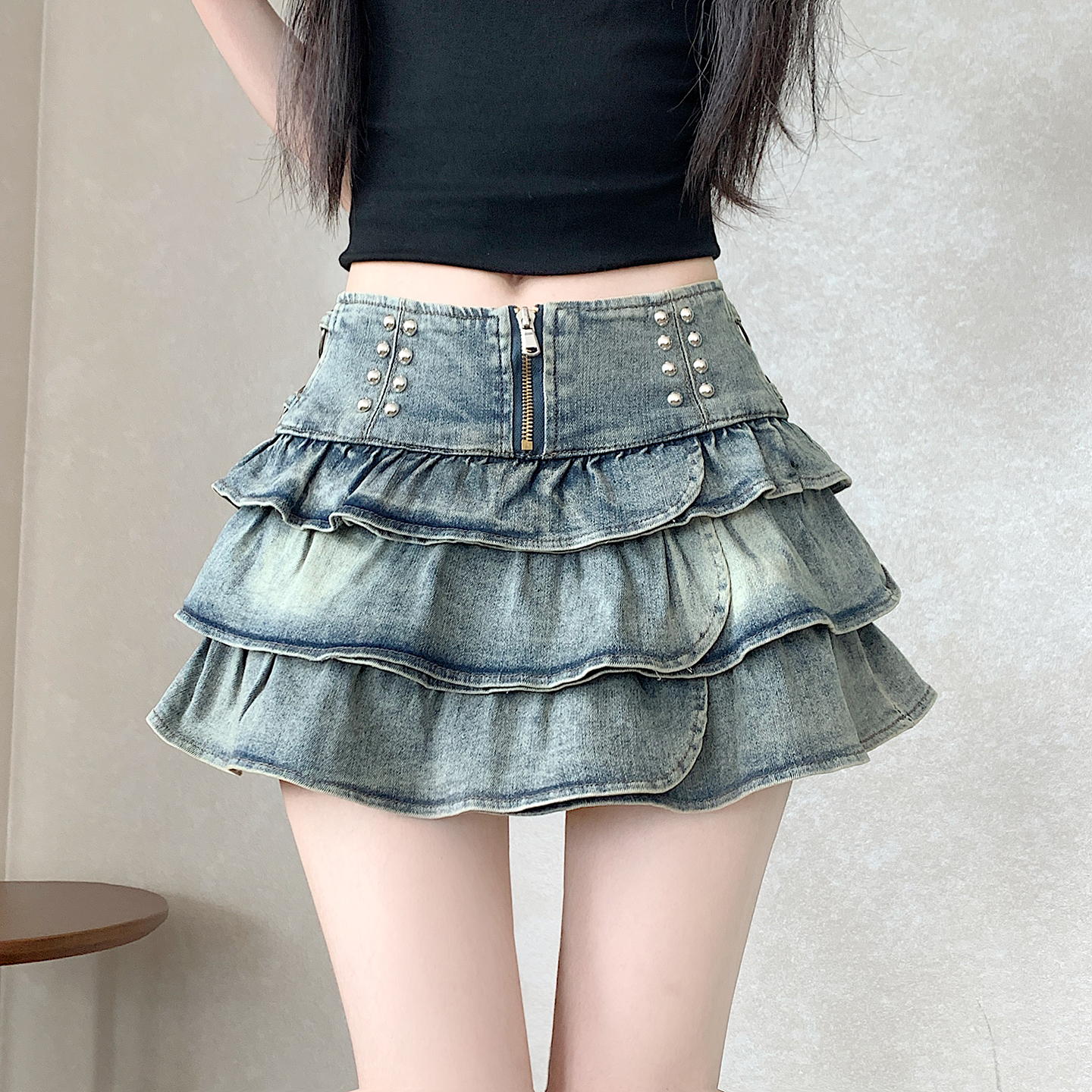 RY4274# 实拍2026美式纯欲风辣妹设计感弹力牛仔蛋糕百褶半身裙 裤...