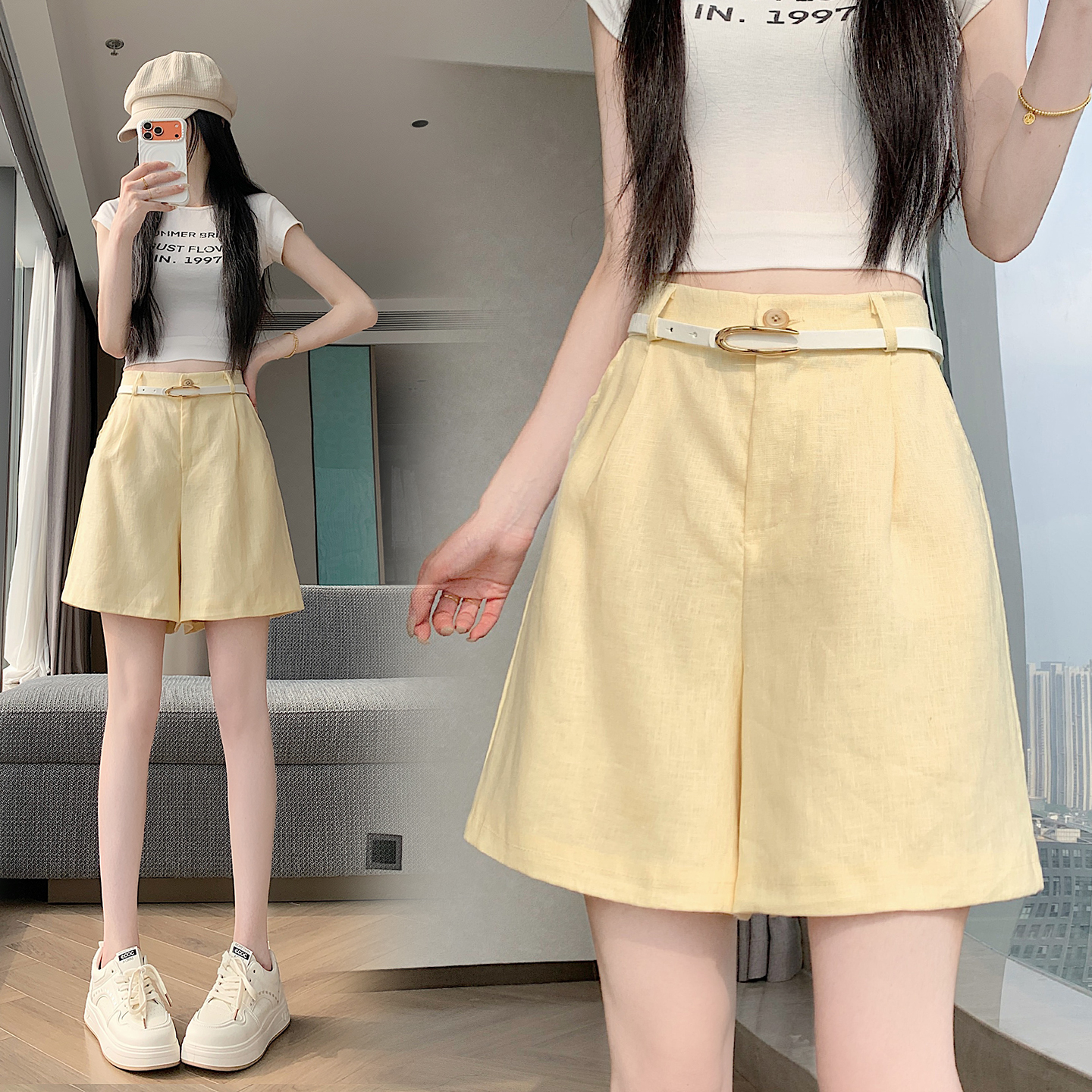 RY4281# 实拍2026新版网红辣妹高级亚麻面料百搭高腰短裤 阔腿裤配...