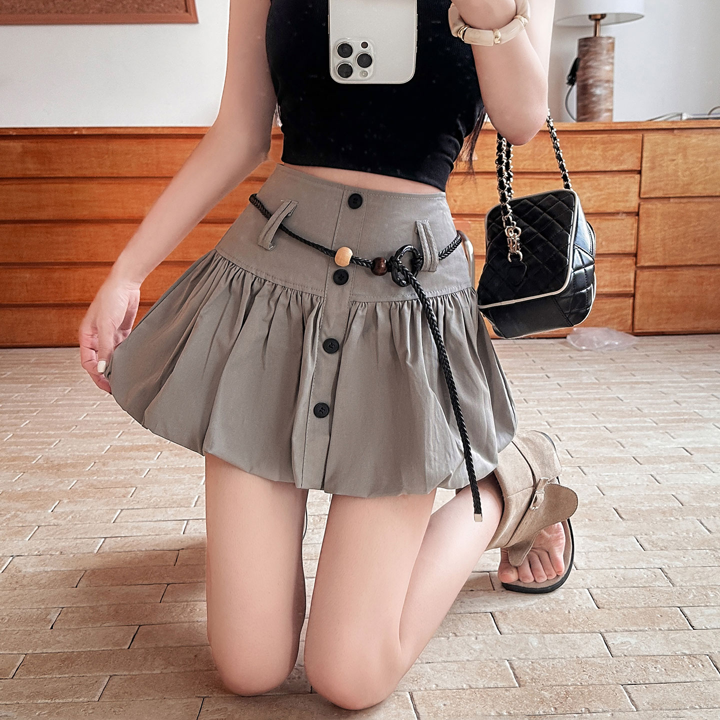 RY4280# 实拍 高腰显瘦单排扣花苞半身裙夏季百搭休闲工装短裙防走光A...