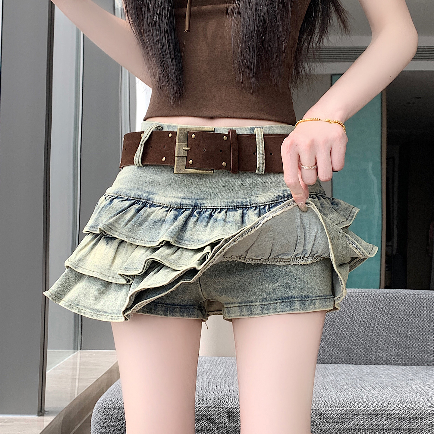 RY4278# 实拍2026美式纯欲风辣妹设计感弹力牛仔蛋糕百褶半身裙裤裙...