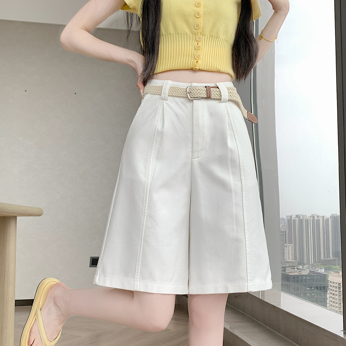 RY4277# 实拍老钱风2026夏季新款洗水棉五六分阔腿裤女气质百搭显瘦...