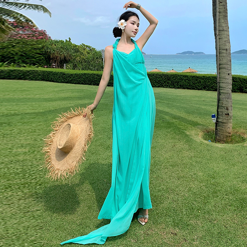 實拍法式小眾設計感掛脖露背性感禮服長裙氣質女神度假連衣裙