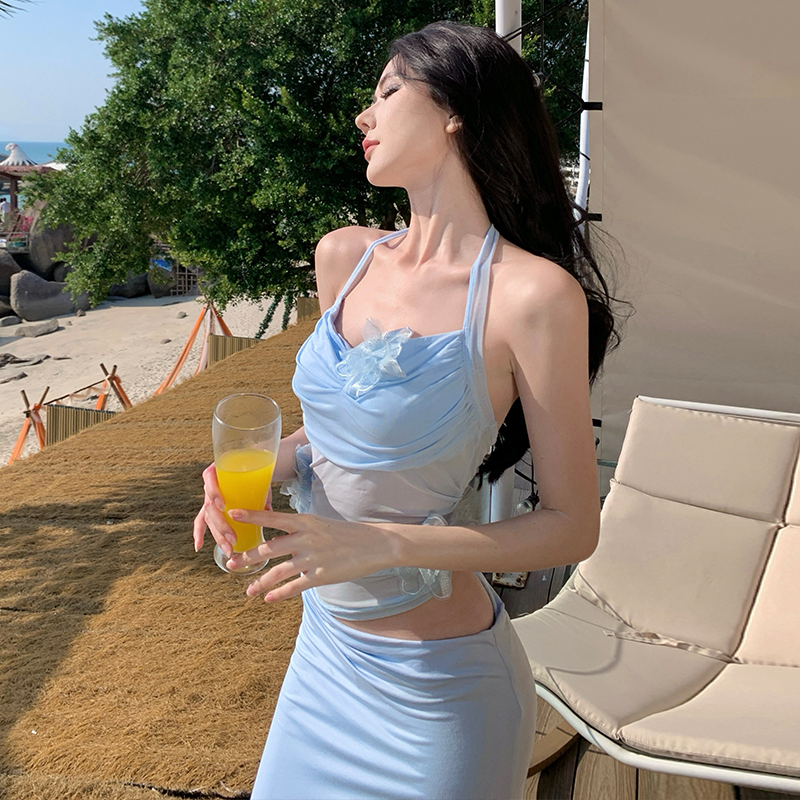實拍純欲風掛脖抹胸網紗透視拼接包臀褶皺長裙夏季新款度假連衣裙