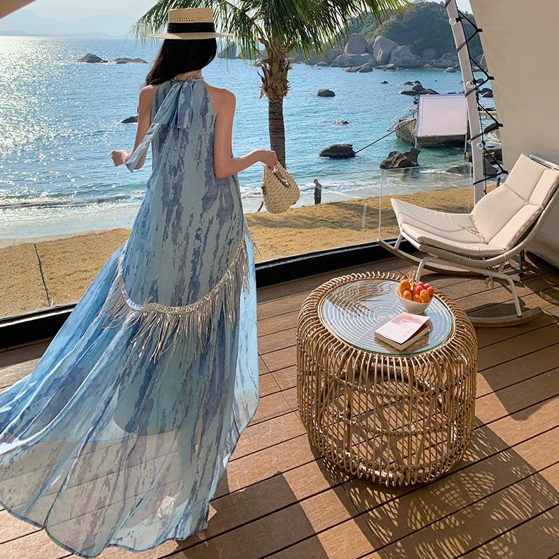 實拍新中式國風亮片流蘇夏季掛脖連衣裙子三亞度假