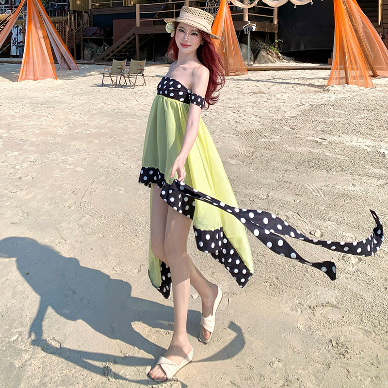 實拍法式復古波點抹胸連衣裙女春夏純欲網紗短裙