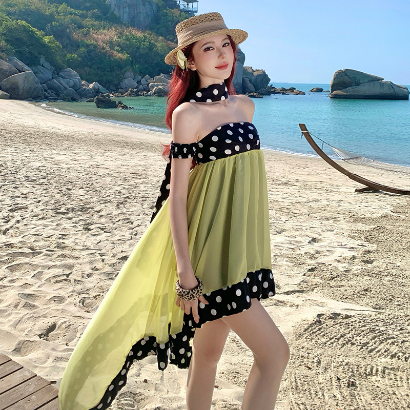 實拍法式復古波點抹胸連衣裙女春夏純欲網紗短裙