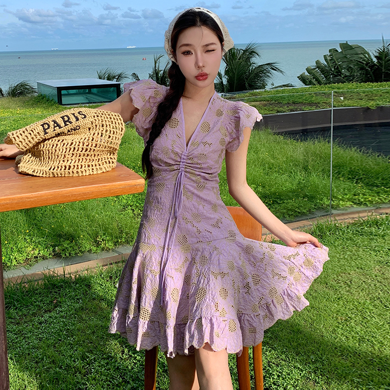 實拍法式小眾設計感小鄒菊鉤花鏤空收腰顯瘦連衣裙女