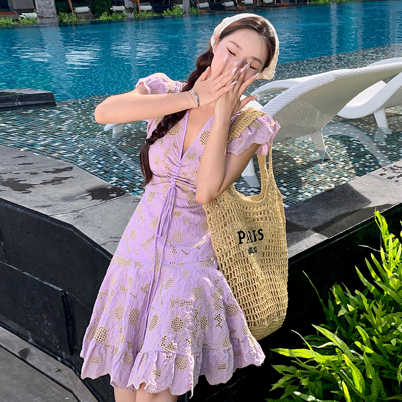 實拍法式小眾設計感小鄒菊鉤花鏤空收腰顯瘦連衣裙女