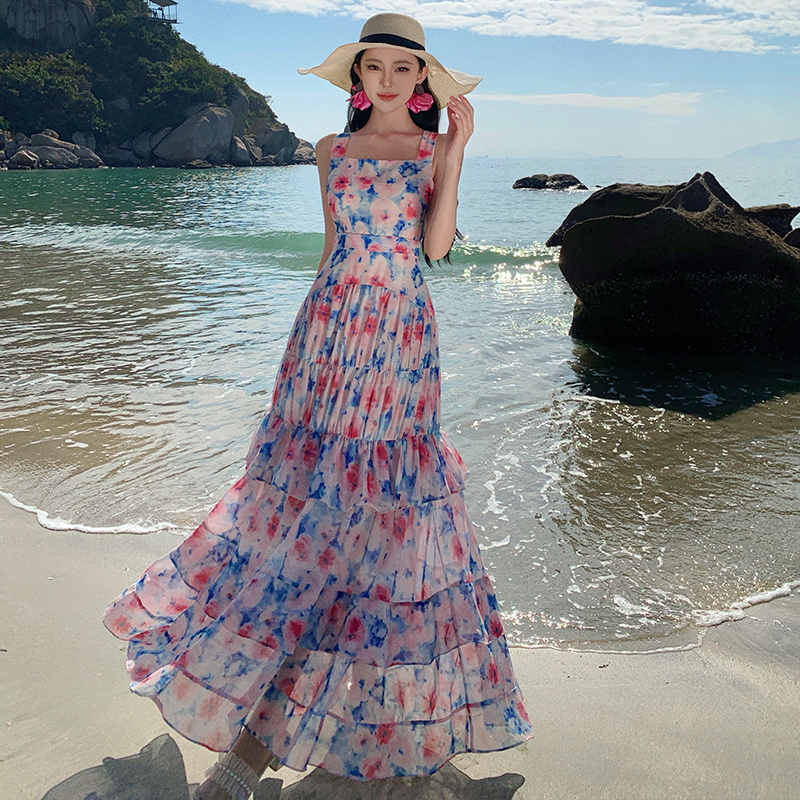 實拍度假法式吊帶連衣裙氣質絕美碎花蛋糕裙長裙夏季新款女
