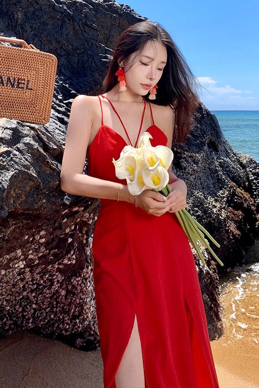 實拍辣妹紅色吊帶露背連衣裙泰國三亞海邊度假沙灘裙長裙女夏