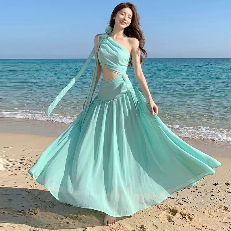 夏季新款氣質斜肩露背無袖連衣裙海邊度假仙女雪紡長裙