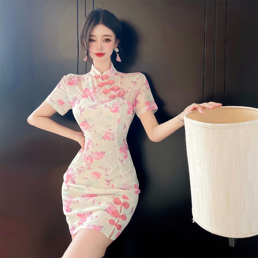 MY13566# 新款复古网纱印花修身显瘦改良旗袍连衣裙女裝貨源服裝批發