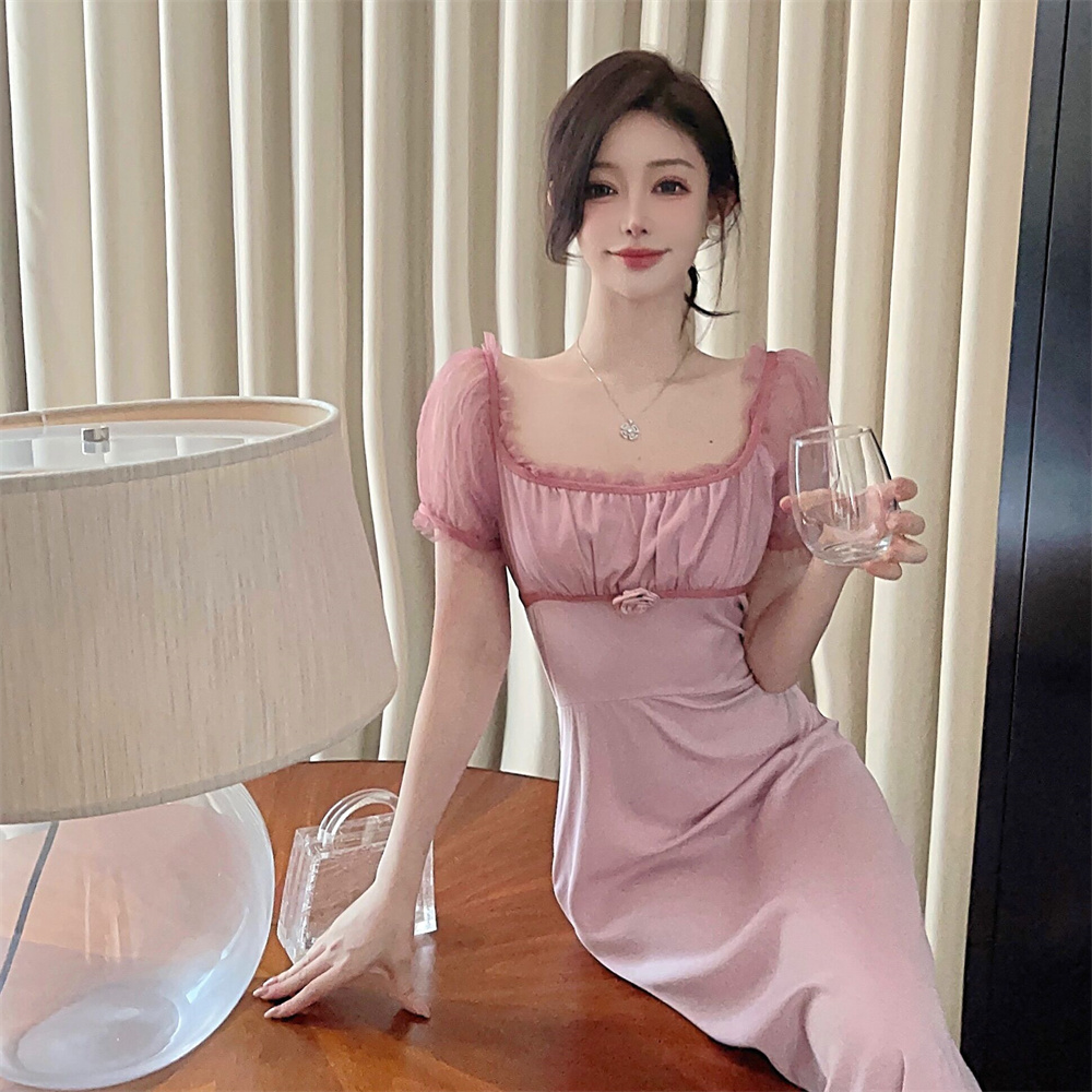 MY13565# 夏装新款复古方领紫粉纱拼接公主袖收腰连衣裙女裝貨源服裝批...