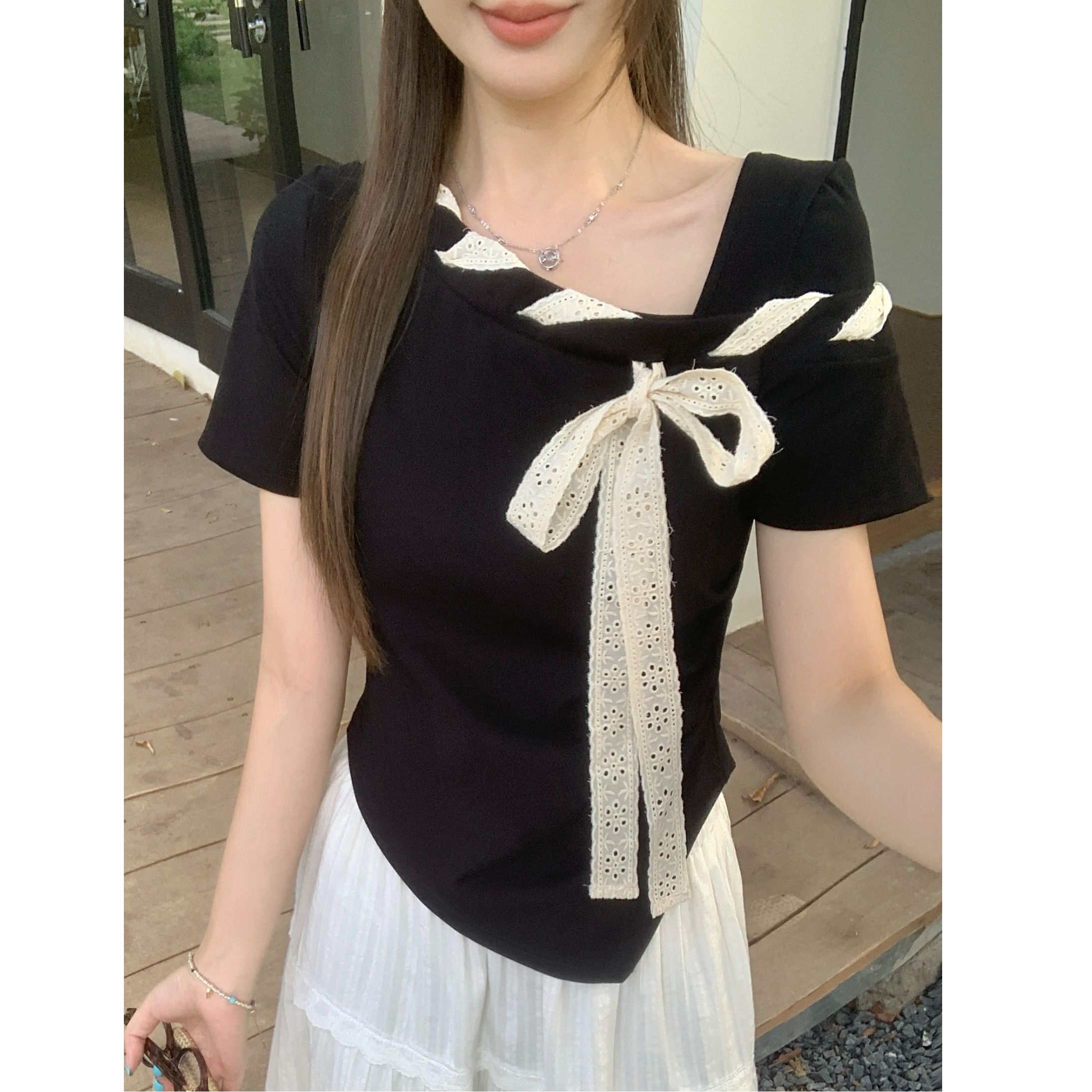 MY11437# 人棉大码微胖休闲短袖T恤女夏季设计感漂亮独特体恤显瘦上衣女裝貨源服裝批發