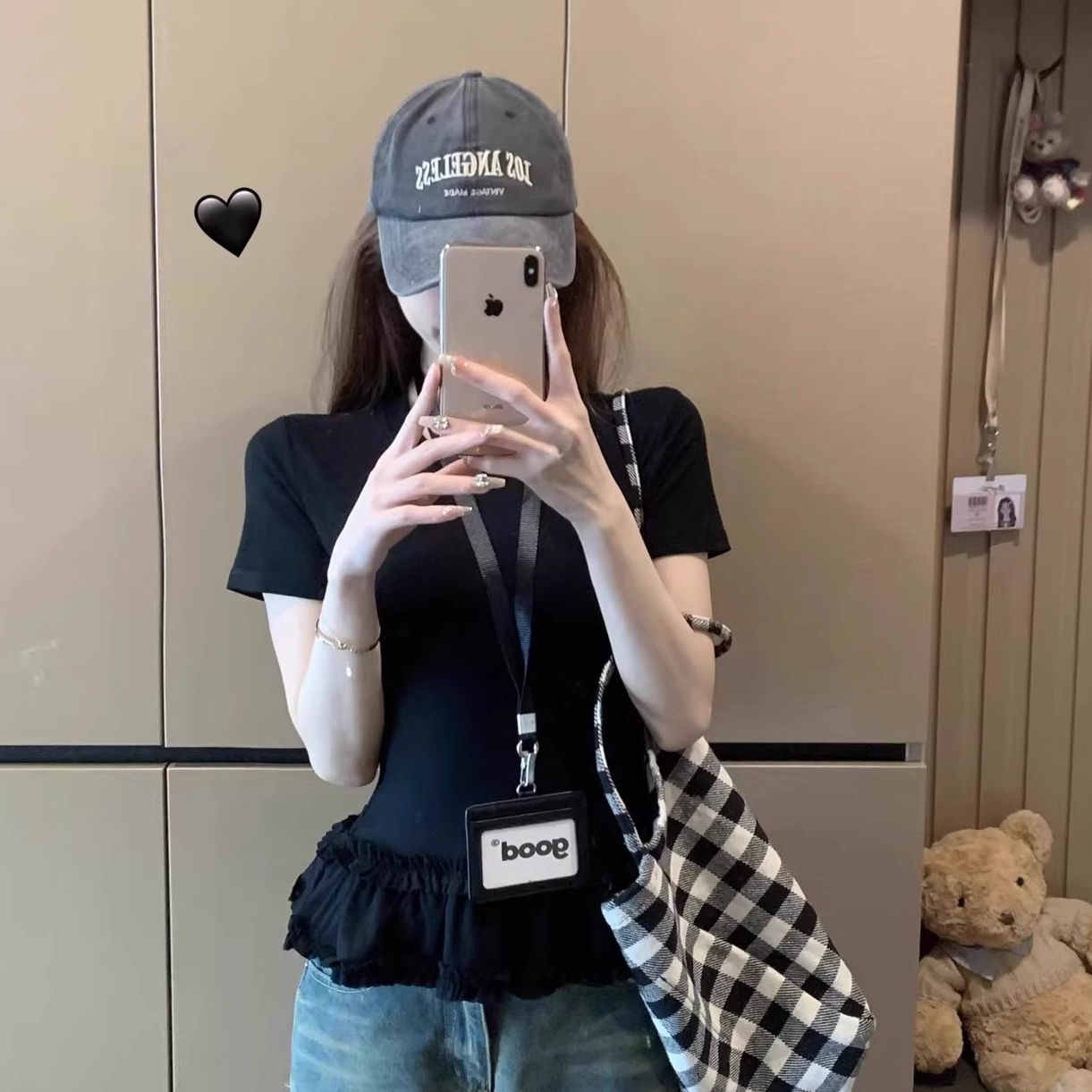MY11436# 甜美风荷叶边黑色圆领短袖T恤女夏季白色上衣女裝貨源服裝批發