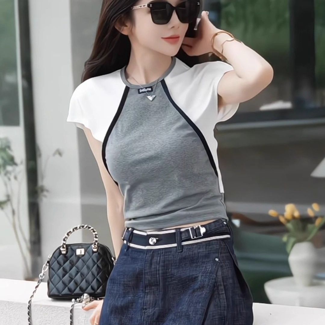 MY11434# 夏季新款撞色拼接短袖T恤女修身显瘦百搭时尚上衣女裝貨源服裝批發